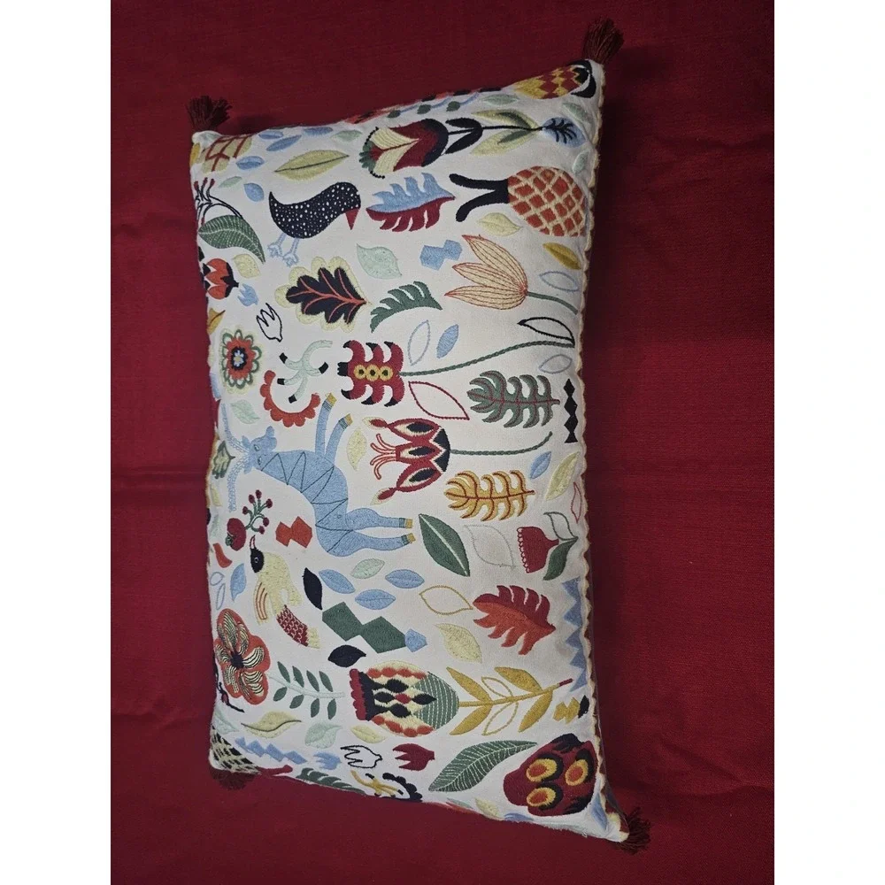 Down Filled Colorful Embroidered Tassel Rectangular Lumbar Throw Pillow 15